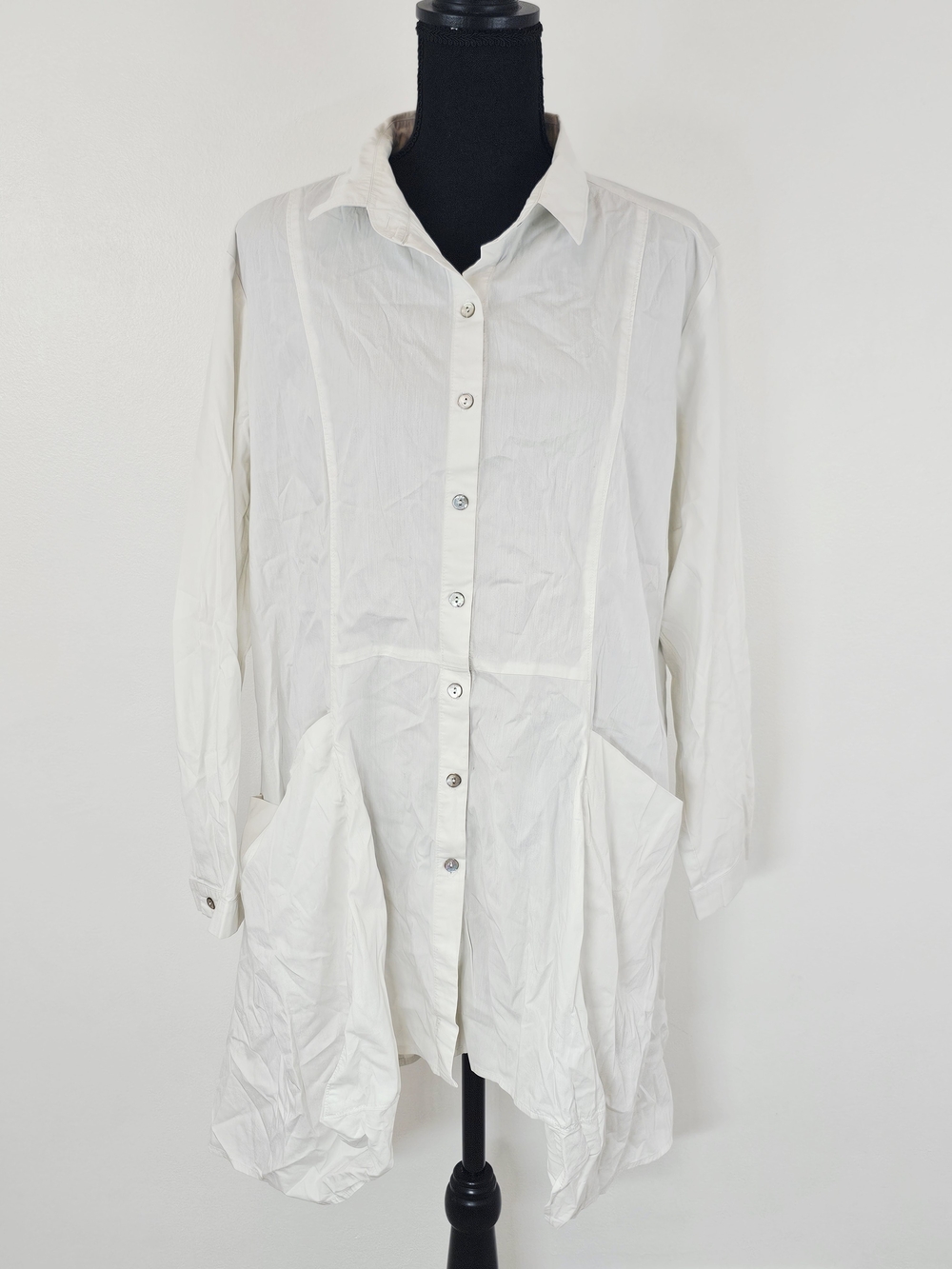 Comfy USA White Grayish Button-Up Tunic Shirt Blouse Semi Sheer Stretch